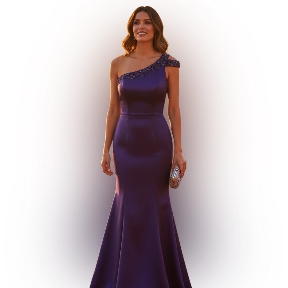 XSCAPE By Joana Chen Purple Satin Lace One Shoulder Long Mermaid Dress in Size 4